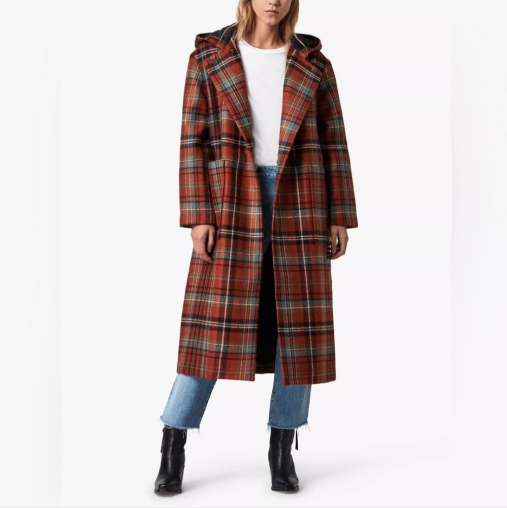 AllSaints Ebony Plaid Hooded Long Coat- EUC Sz10